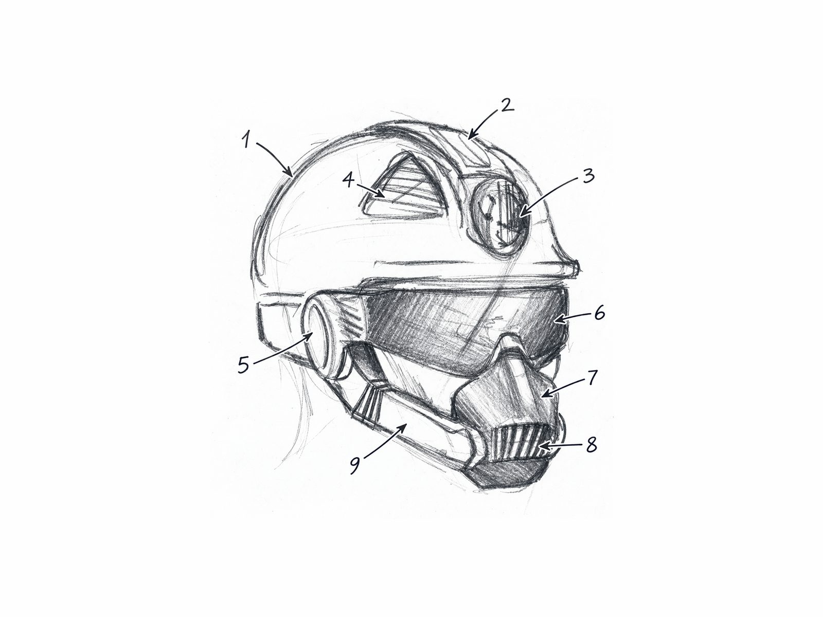 Designer helmet sketch numbered with arrows