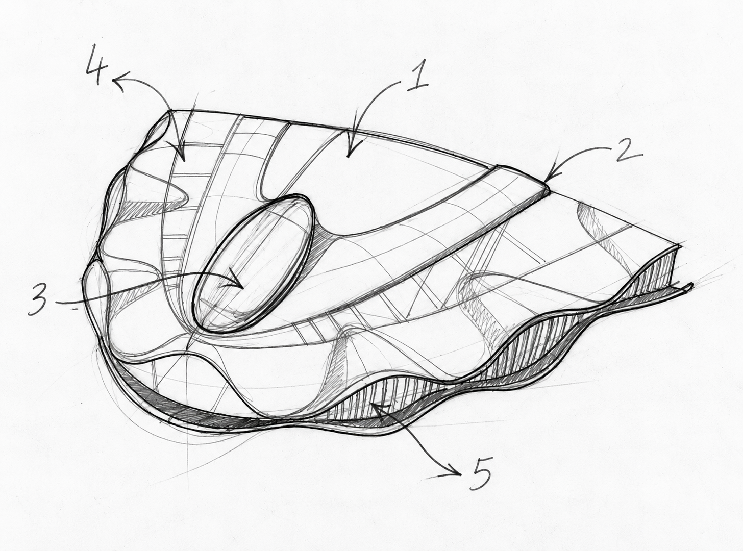 Original Armatur design sketch marked with arrows numbered 1–5